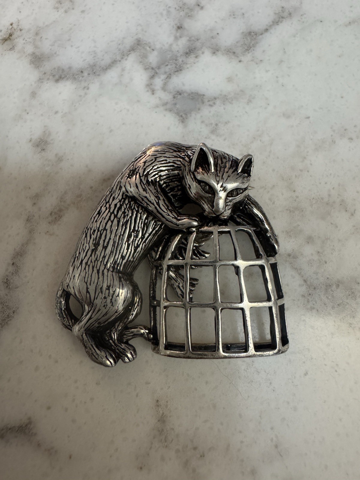 Jezlaine Silver 925 Cat With Bird In Cage Brooch Pin. Signed