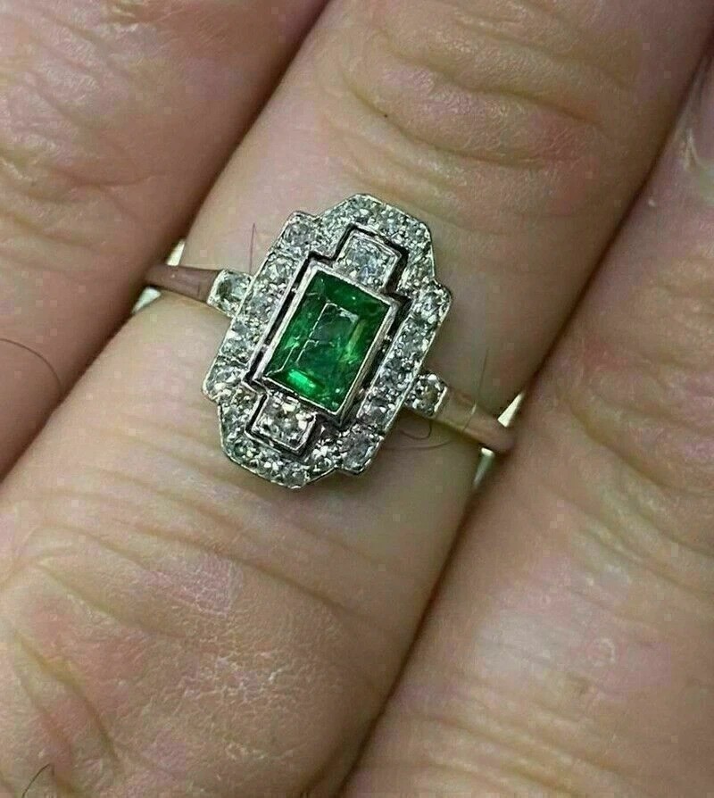 Art Deco Style Green Emerald & Lab Created Diamond 925 Silver Engagement Ring