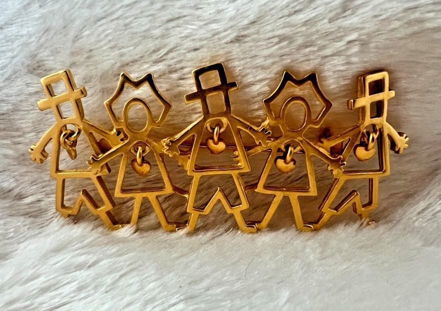 Pilgrim Brooch Gold Figural Thanksgiving Pin Dangle Heart Charms 3″ Vintage