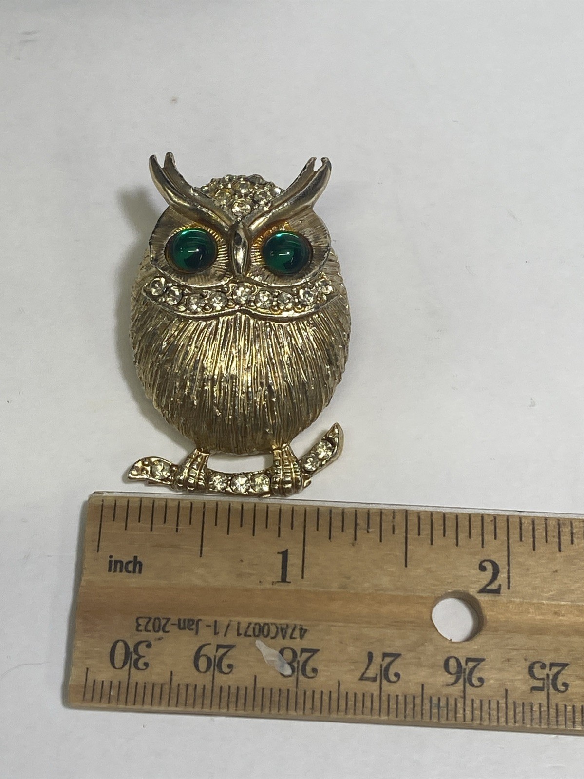 Vintage Gold-Tone Owl Brooch Pin with Green Glass Eyes Clear Rhinestone Accents
