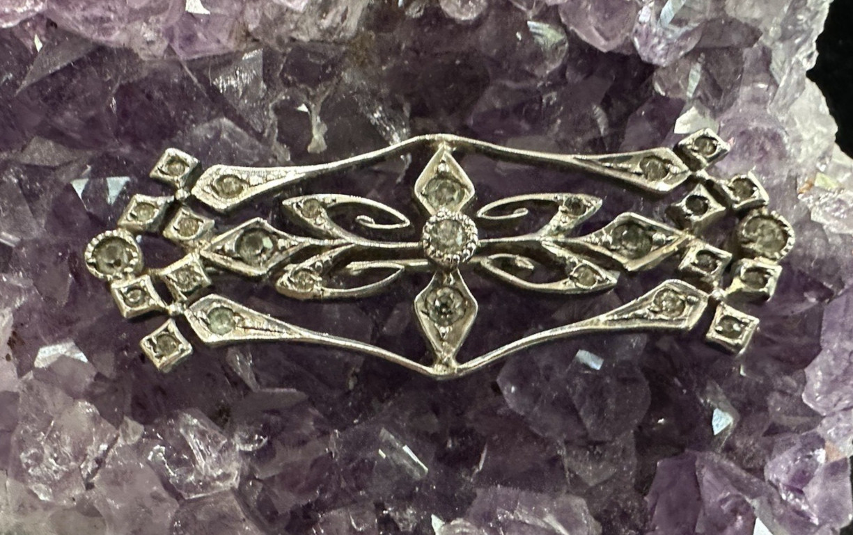 Vintage Art Deco Sterling Silver Ornate Rhinestone Brooch
