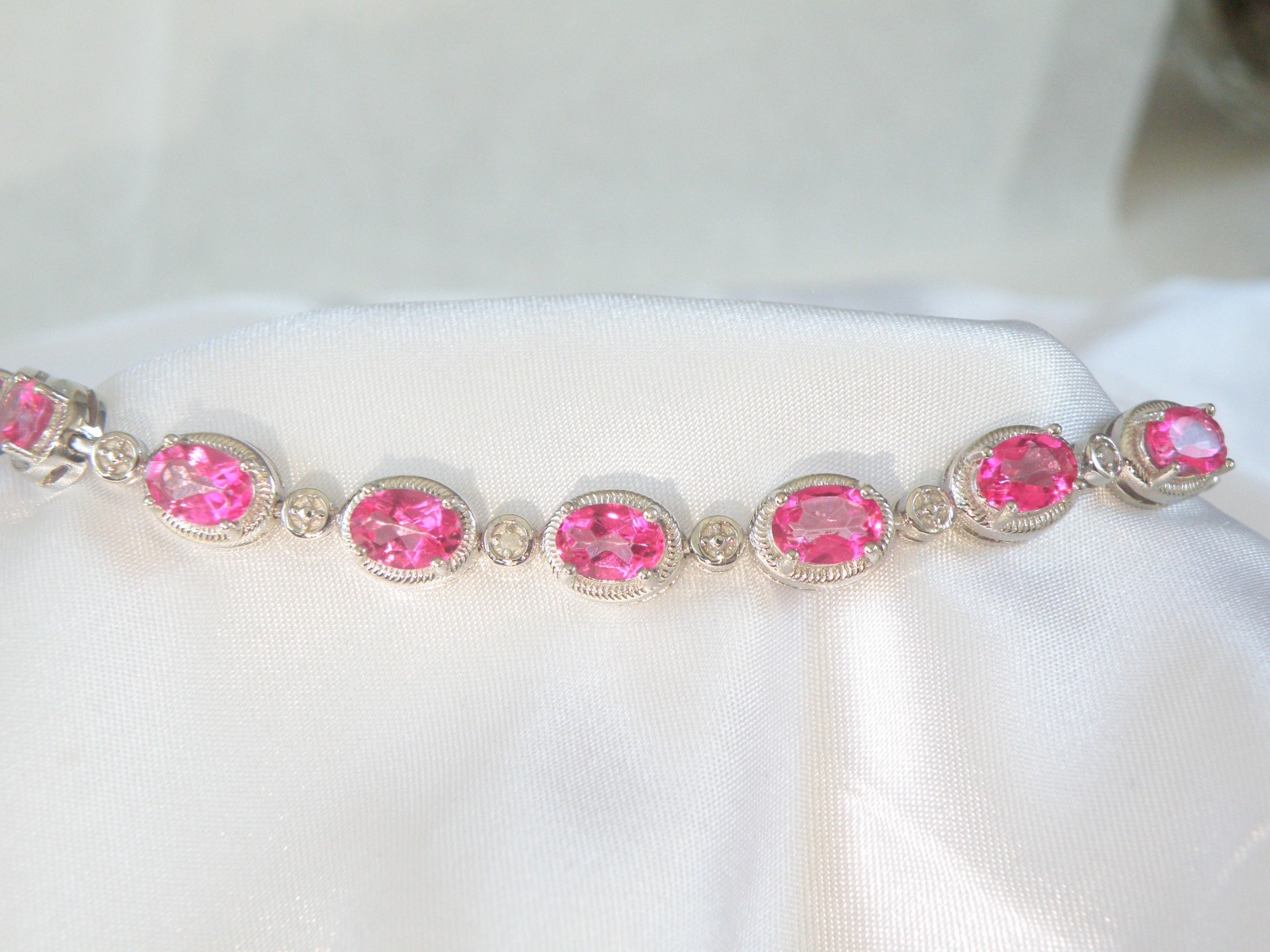 Sterling Silver 925 Natural Pink Topaz Diamond Tennis Bracelet 7.5″