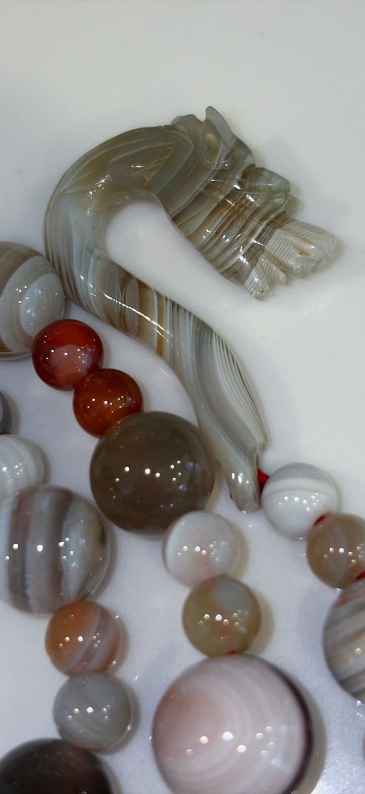 Gorgeous Asian Agate Bead Necklace With Carved Dragon Head Toggle closure