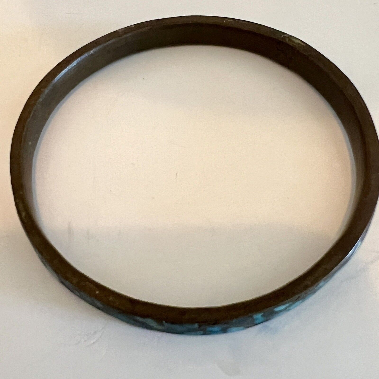 Inlaid Turquoise Colored Stone and Brass Bangle Vintage Tribal Stacking Fits 8″