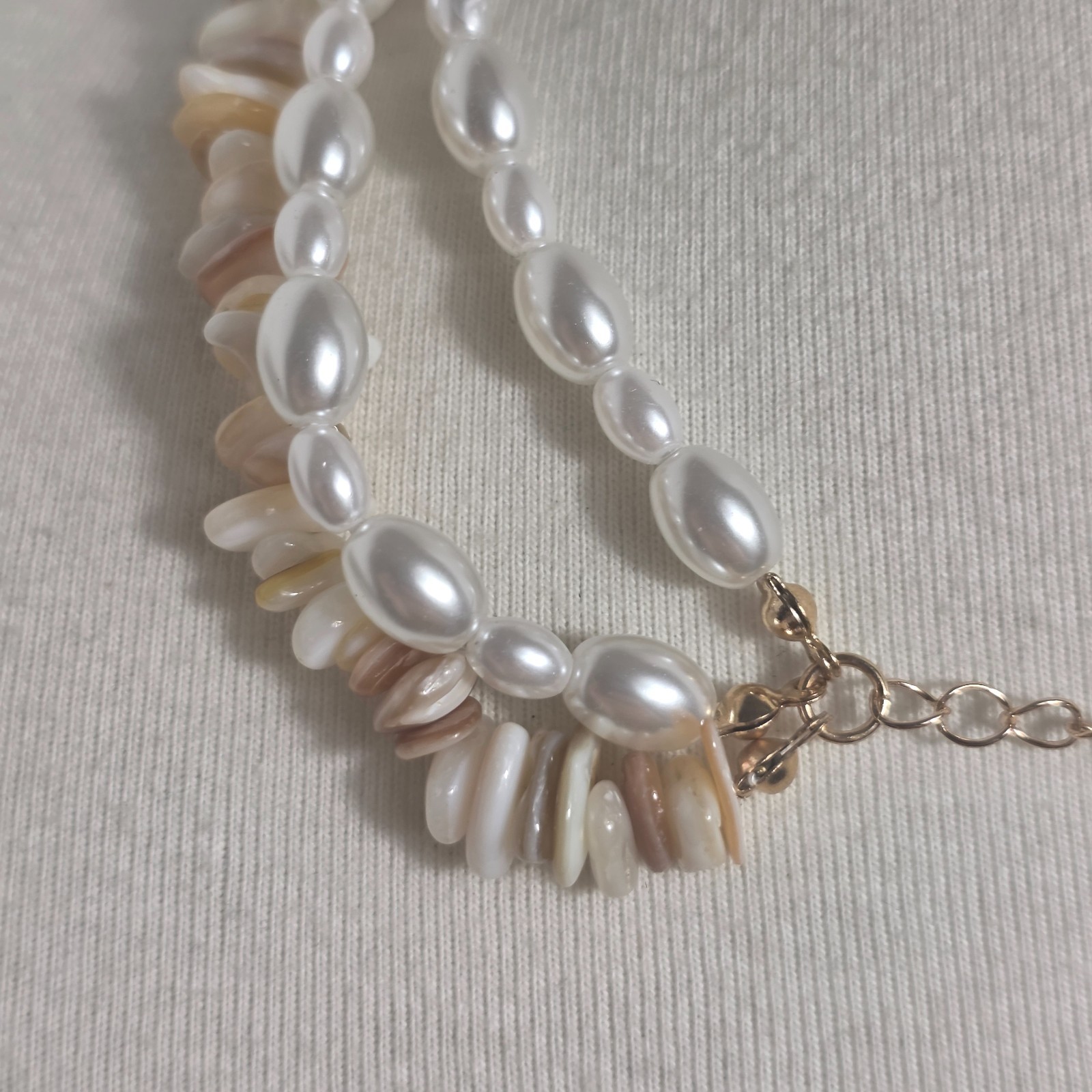 Vintage Inspired Multi-Strand Necklace Faux White Pearls & Earthtone Shell Chips