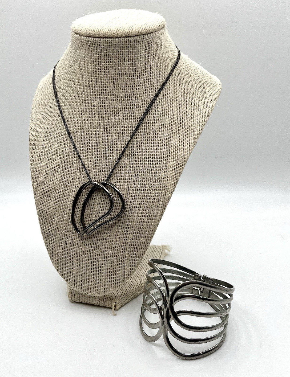 Modernist Gunmetal Abstract Loop Pendant Necklace & Statement Cuff Bracelet Set