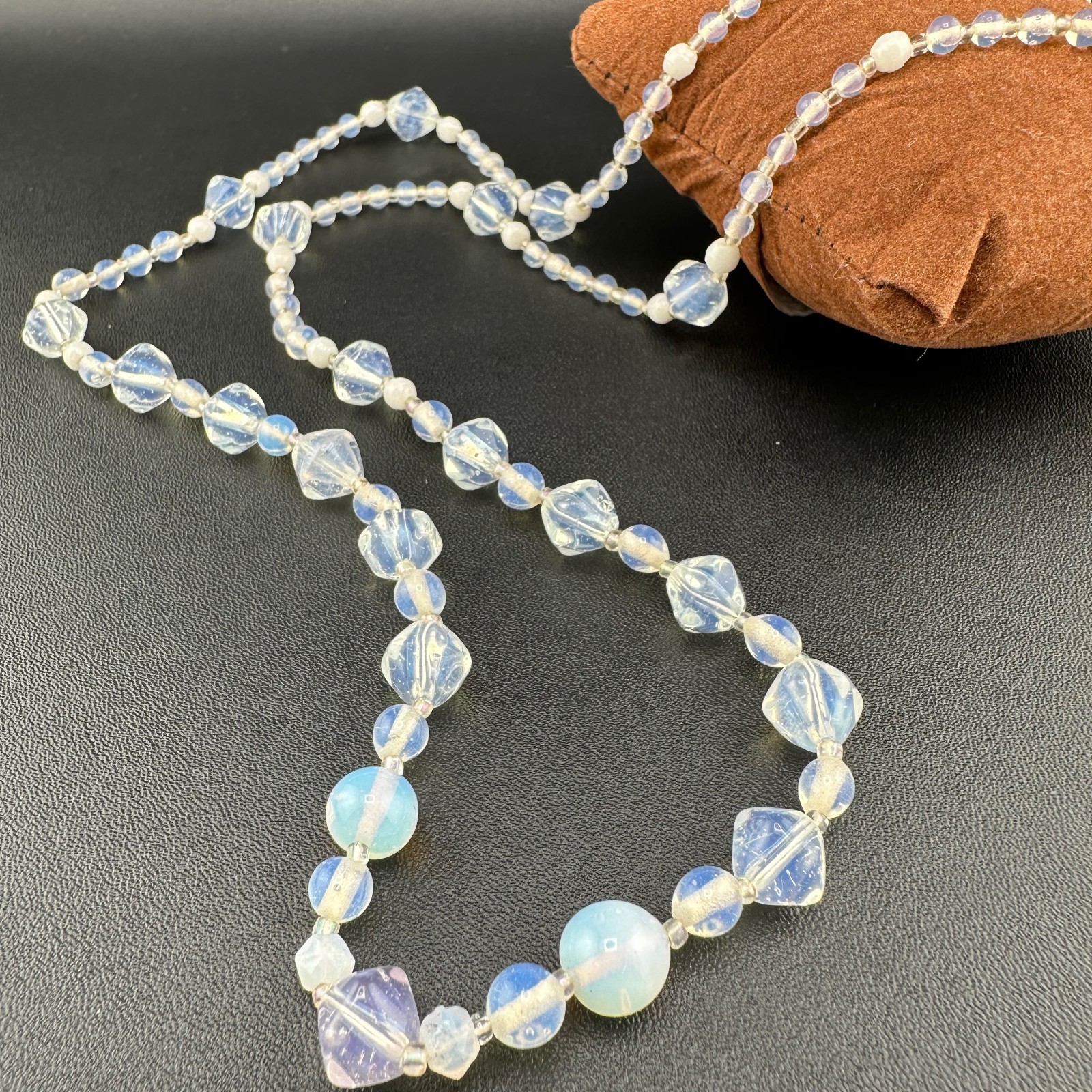 Vintage Opalite Glass Bead Necklace 31″ Faceted Round Hook Clasp Adjustable