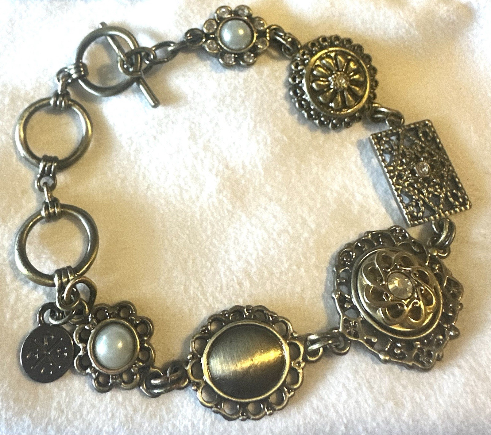 Vintage Style Mixed Metal Link Bracelet Faux Pearl Filigree Toggle Clasp Boho