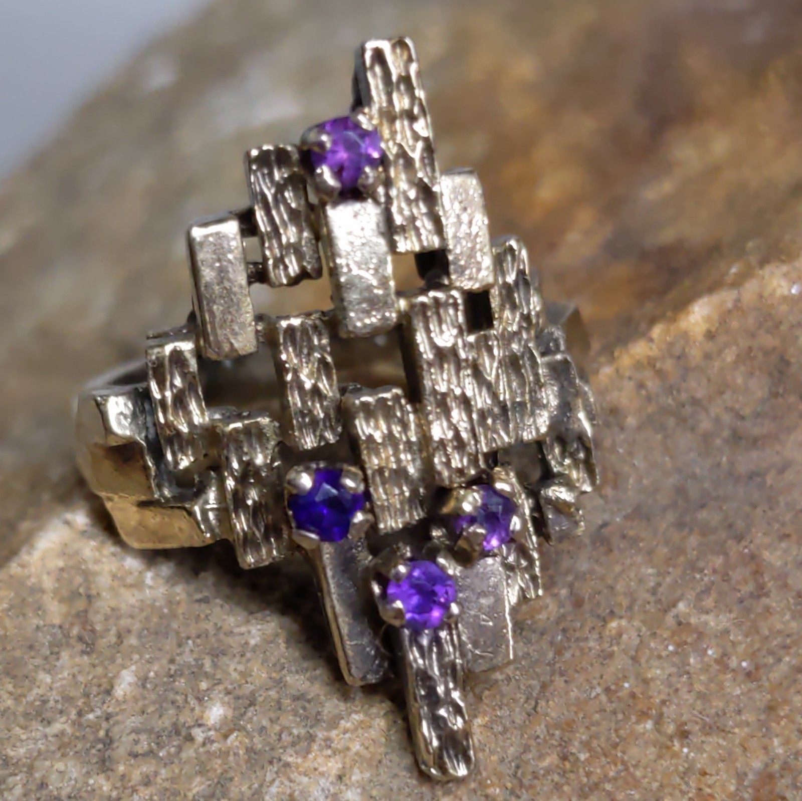 ESPO Sterling Silver Amethyst Ring Abstract Brutalist MCM Size 6 | 5.31g Vtg