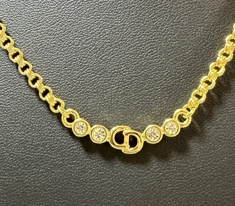 Christian Dior necklace pendant with rhinestones CD logo gold plated Vintage