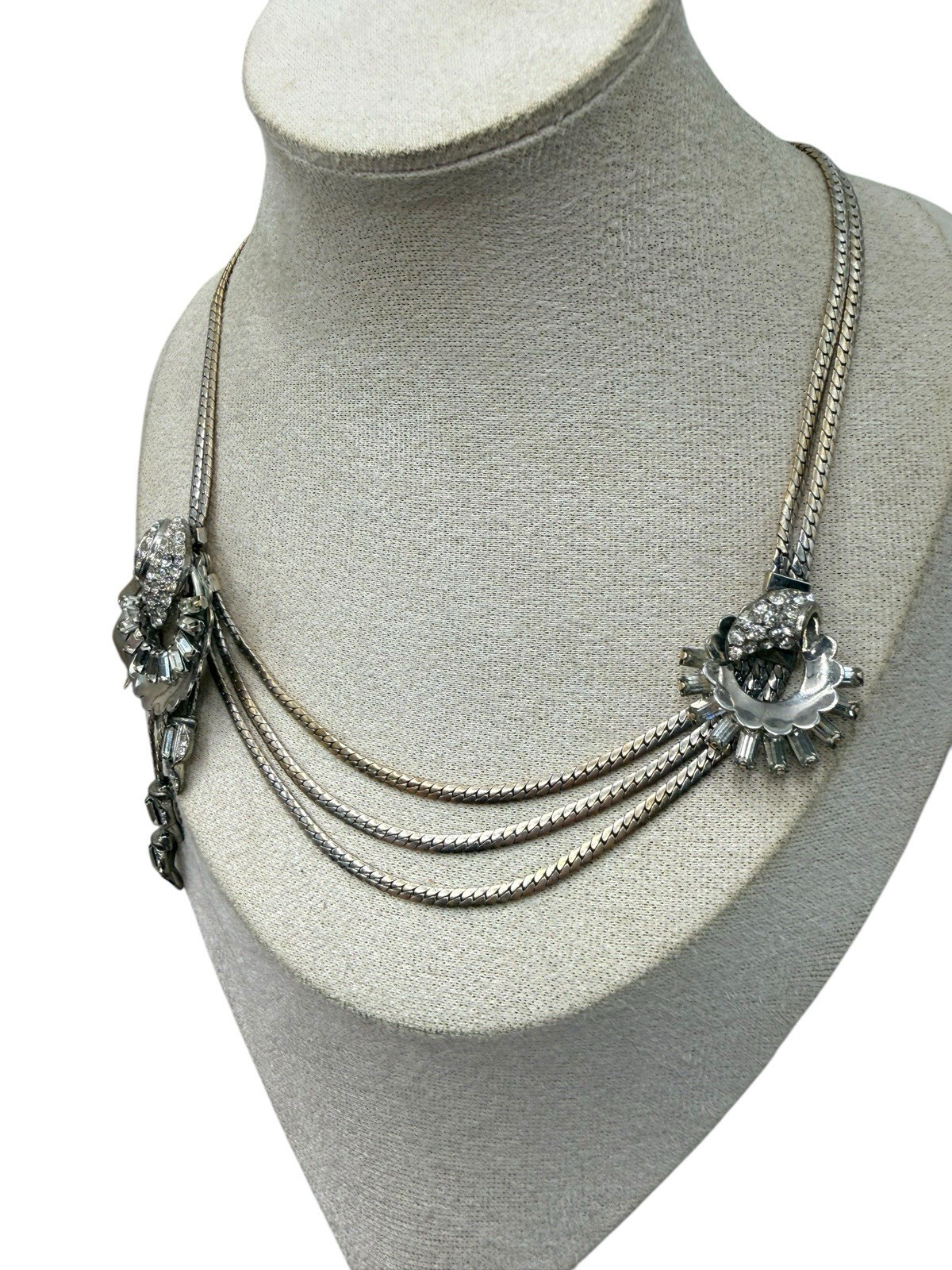 Vintage 40s Charles Reis USA 12K Gold Filled Necklace Collar Tassels Rhinestones