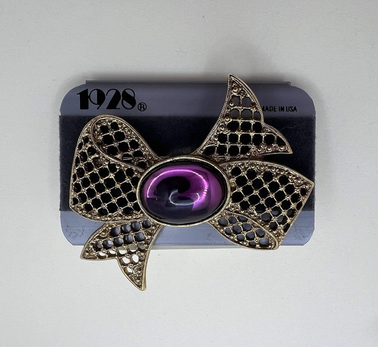Vintage 1928 Purple Jelly Belly Gold Tone Twisted Ribbon Bow Pin Brooch New