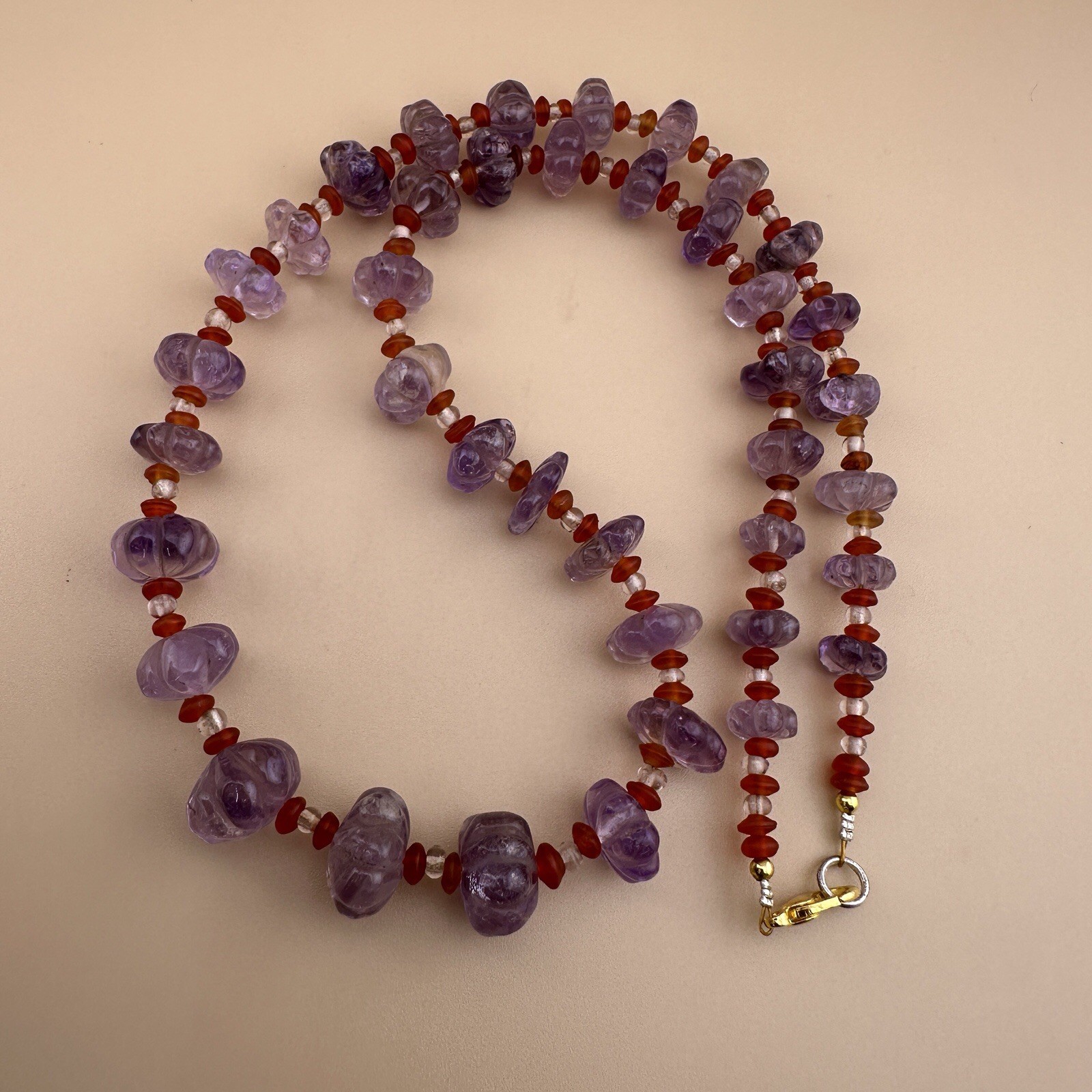 Vintage Hand Carved Amethyst Melon Bead Necklace