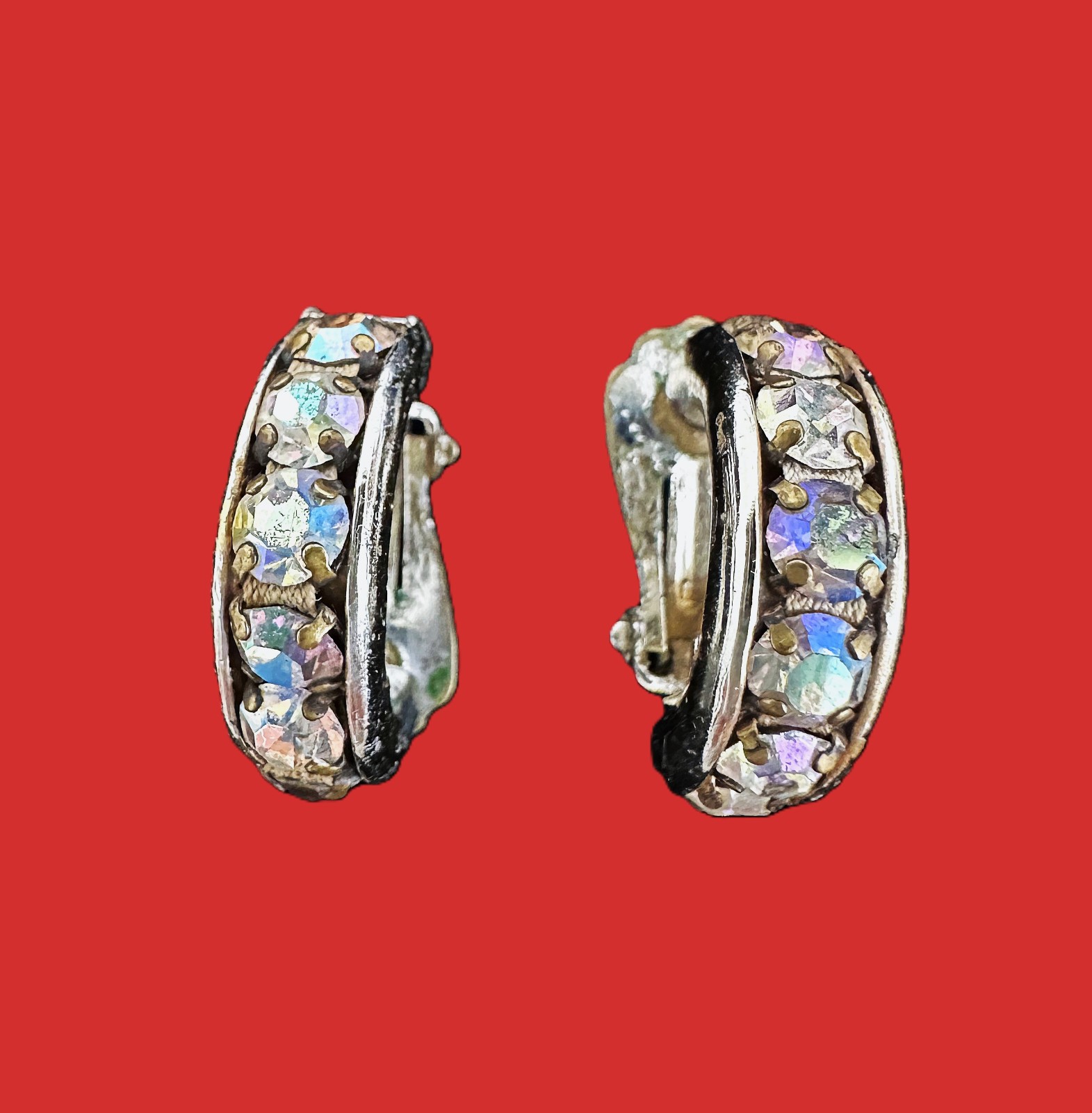 JJE205 Silver Plate Semi Circle Clip On Earrings w Colored zircons VTG