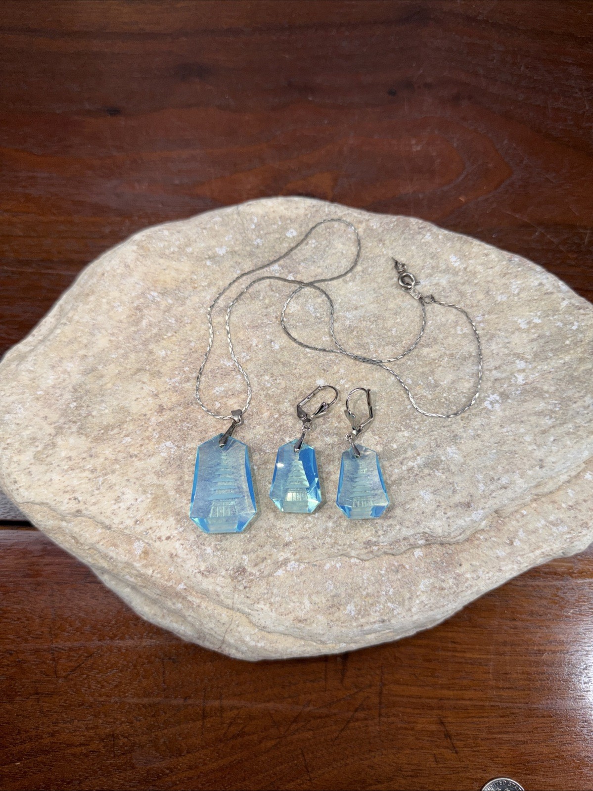 Opaline Blue Glass Japanese Pagoda Necklace & Earrings Set reverse carved