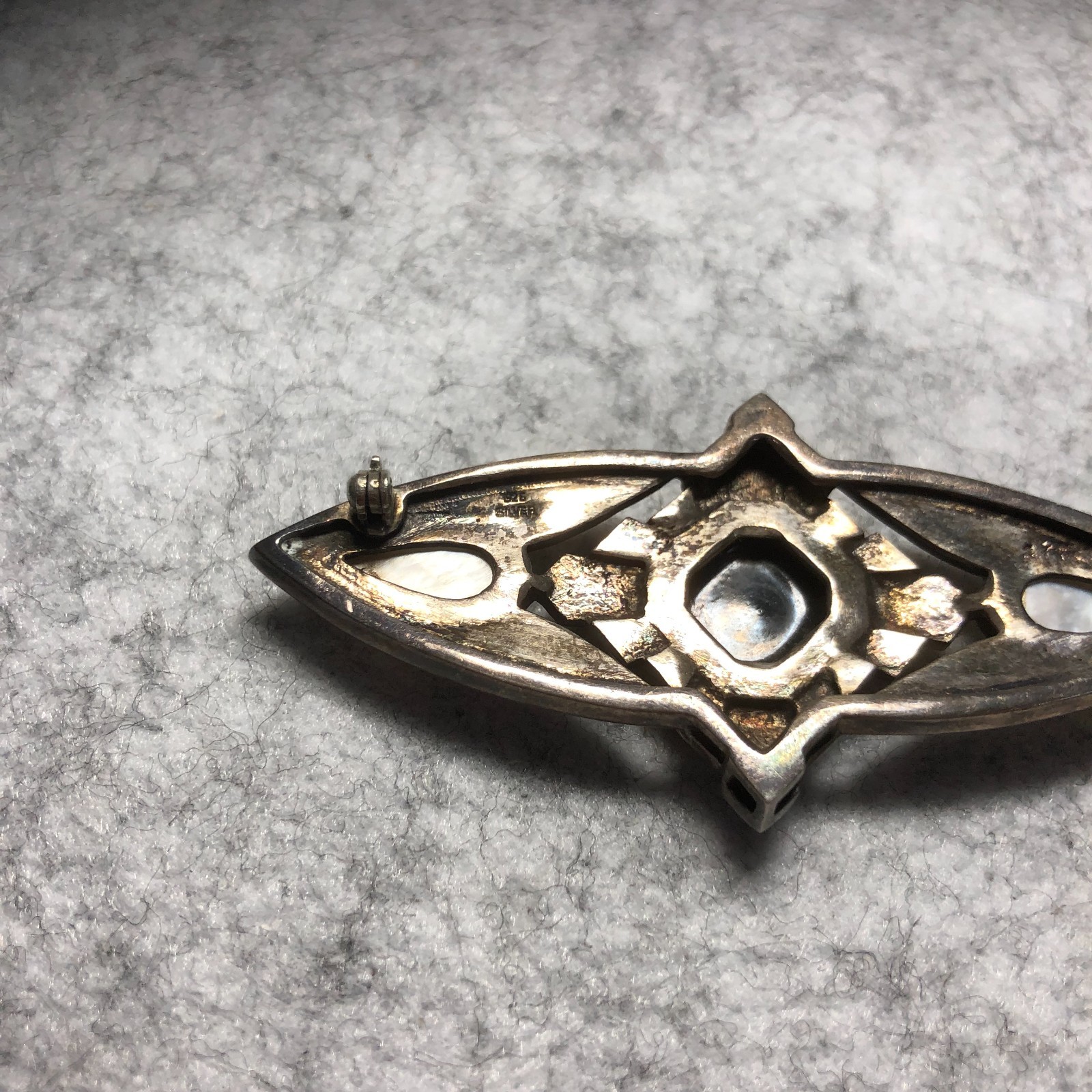 925 Sterling Silver Vintage/Antique Black Onyx ~ Pearl~Marcasite Art Deco Brooch