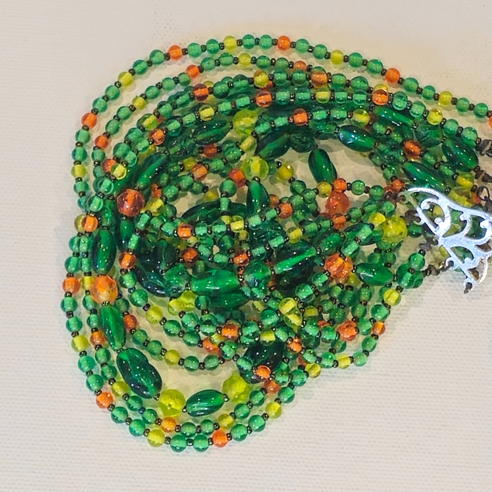 VTG Multi‑Strand Green Glass Bead Necklace Hand‑Strung Orange Yellow Accents