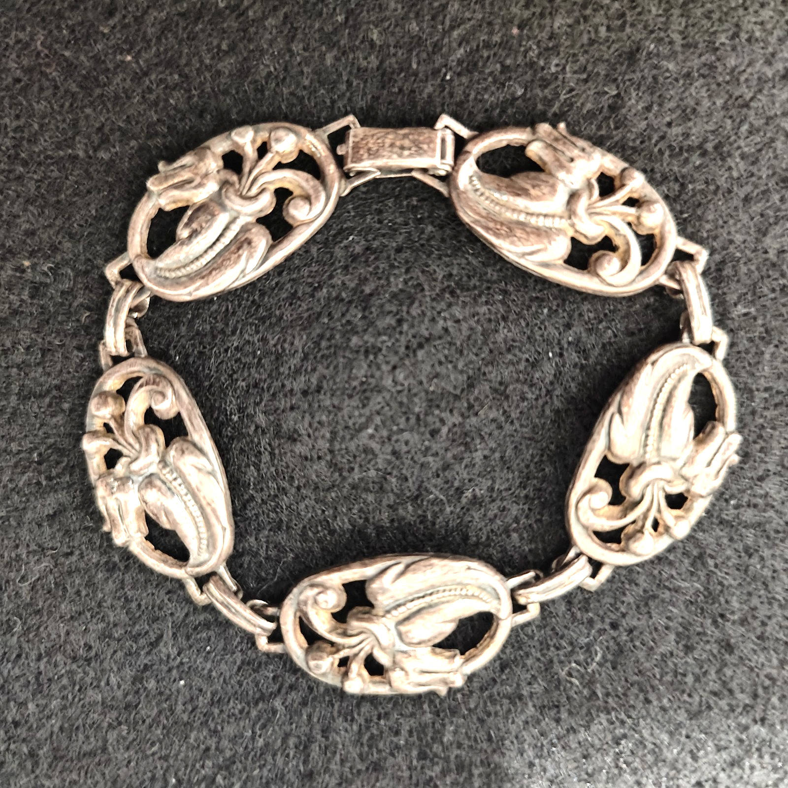 Danecraft Art Nouveau Revival Sterling Silver Signed Flower Panel Link Bracelet