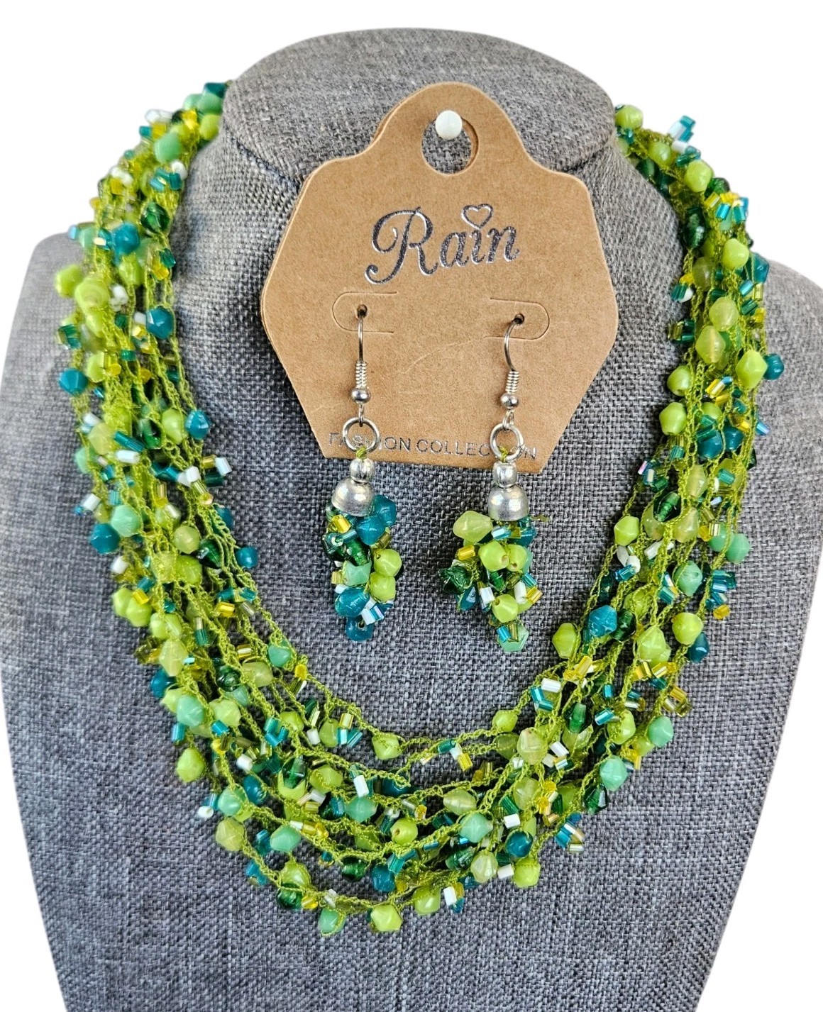 VTG Rain Beaded Necklace Multi Strand Cluster Hook Earrings Set Silver Green Lot