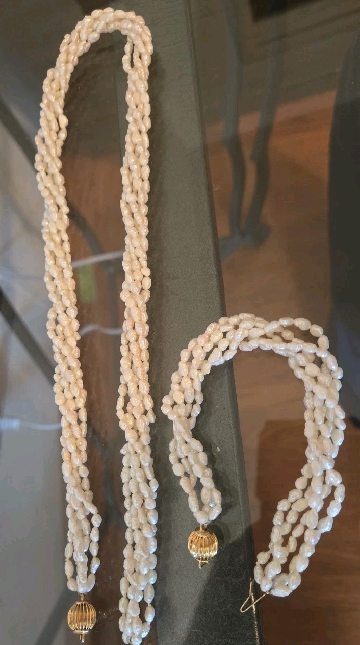 Vintage Freshwater Rice Pearls Necklace & Bracelet 5 Strand Gold Tone Ball Clasp