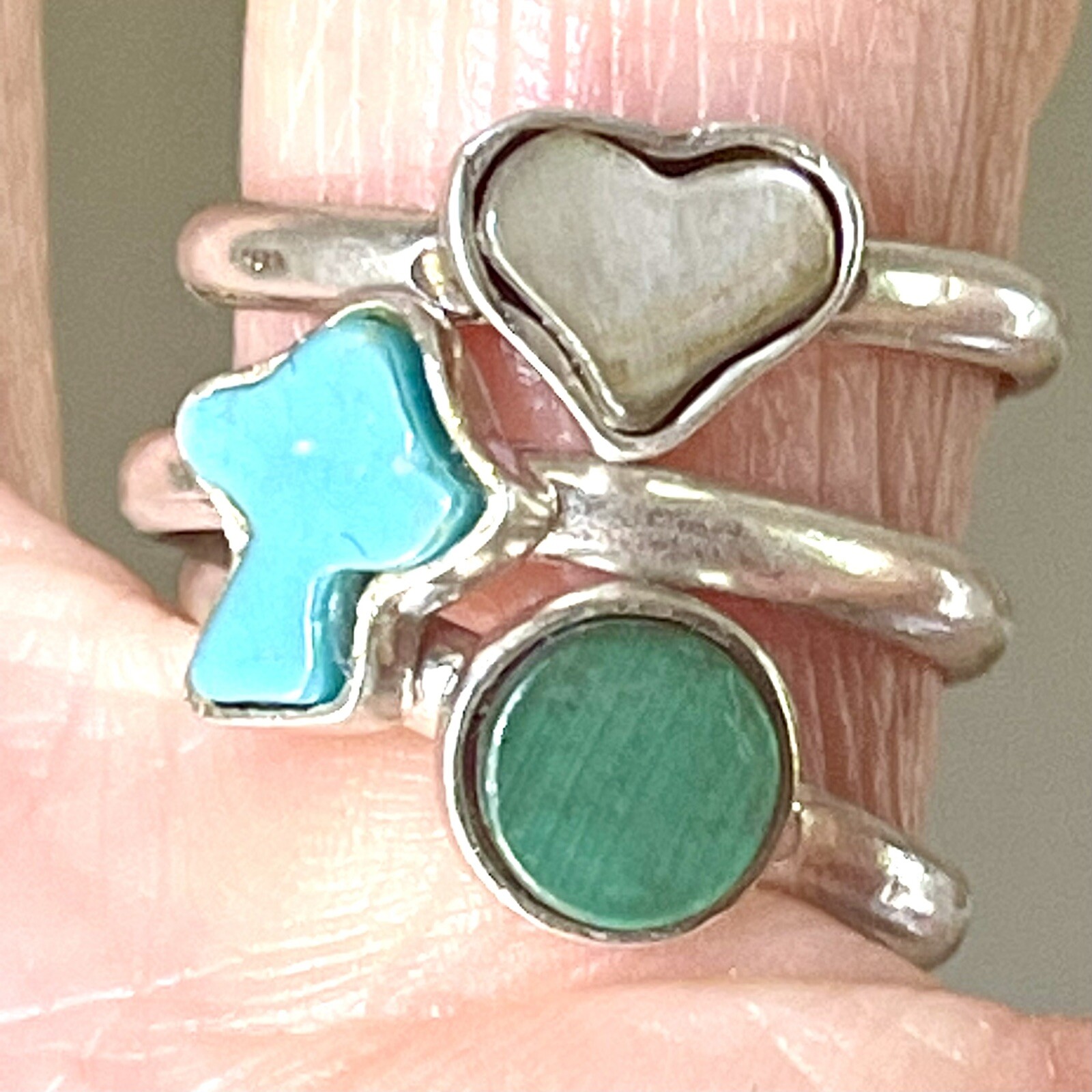 Turquoise MCM Mushroom Ring Lot Sz 7 60s Stackable VTG Sterling 1