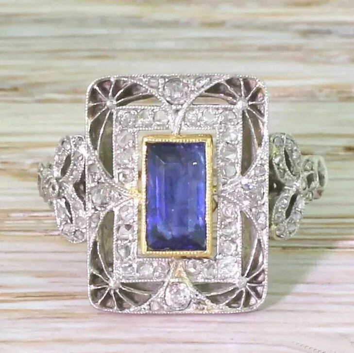 Art Deco Vintage Style Lab Created Sapphire 14K White Gold FN Engagement Ring
