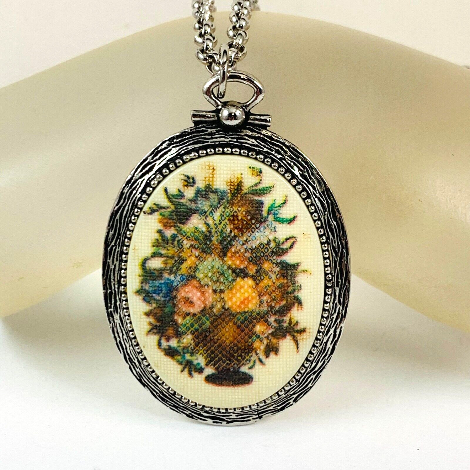 Vintage COVENTRY Signed Oval Flower Tapestry Needlepoint Look Necklace 22″