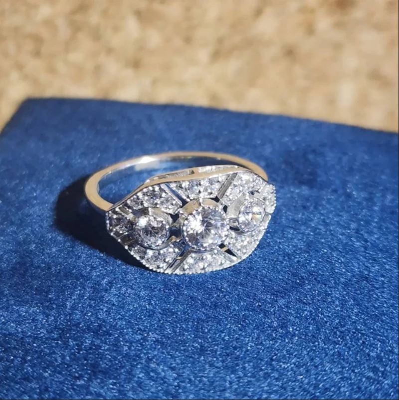 Art Deco Style 1Ct White Round CZ Bezel Set Wedding Ring 935 Argentium Silver