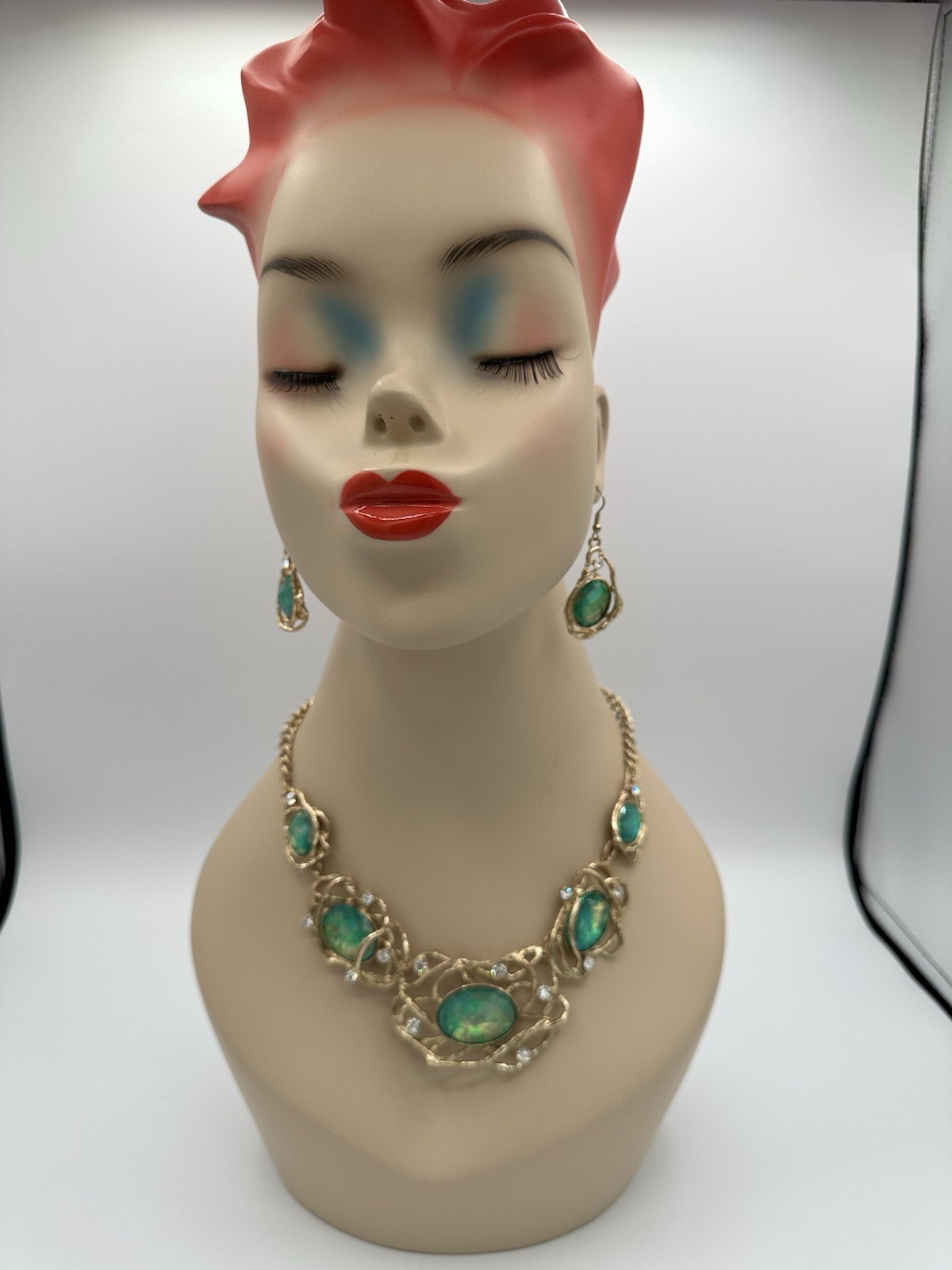 Stunning Vintage 1960’s-70’s Opaline Glass and Rhinestone Demi-Parure Set