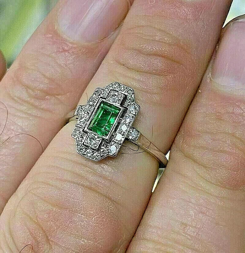 Art Deco Style Lab Created Diamond & Emerald Engagement 14k White Gold FN Ring