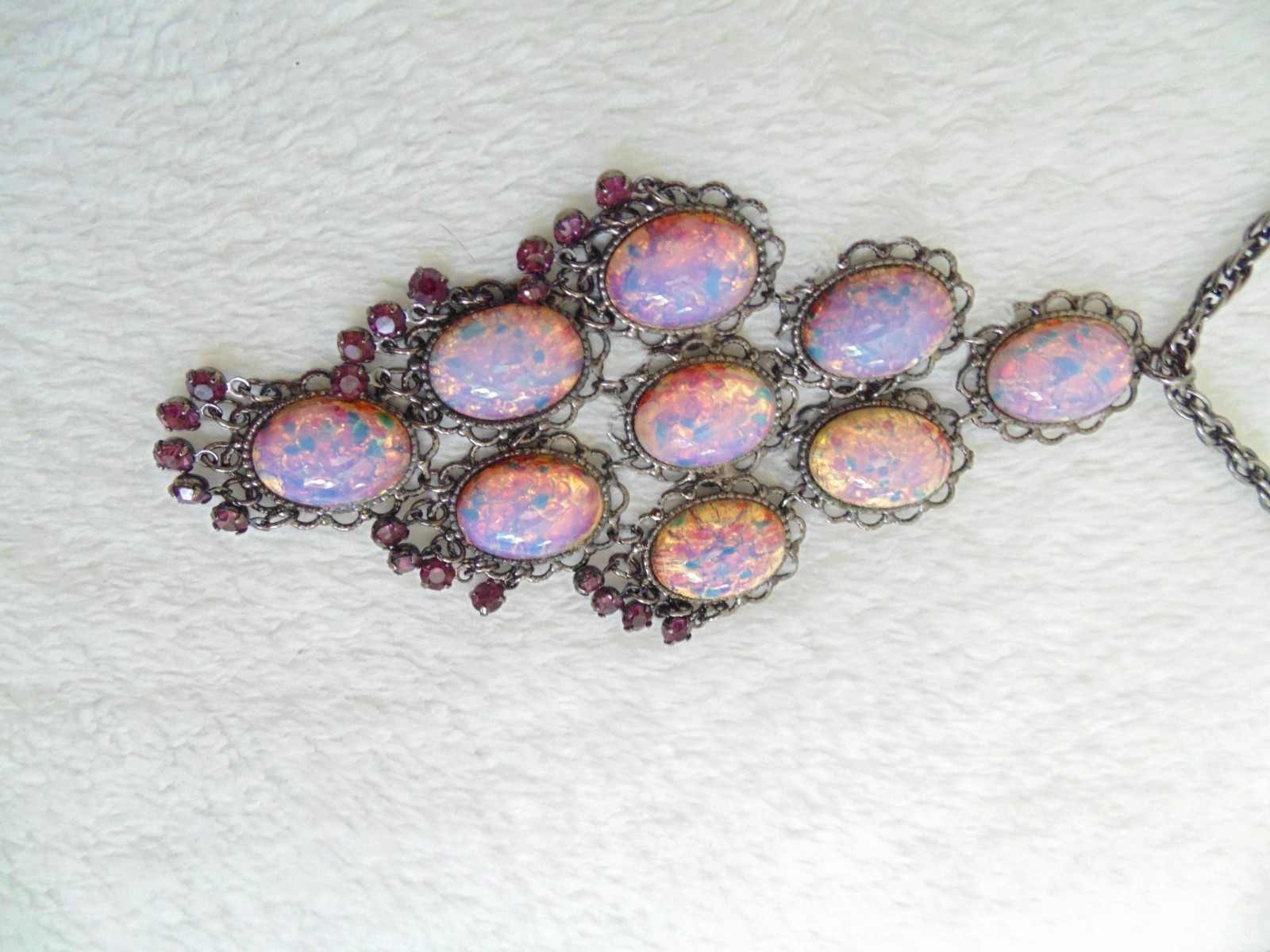 Vtg Dragons Breath Pink Fire Opal Purple Rhinestone Waterfall Pendant Necklace