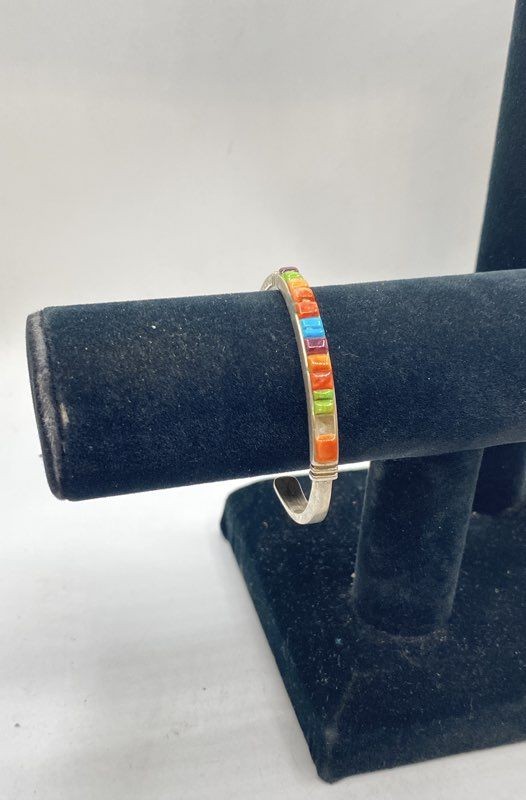 Vintage Sterling Silver 925 Multi Gemstone Inlay Cuff Bracelet Southwestern 17g