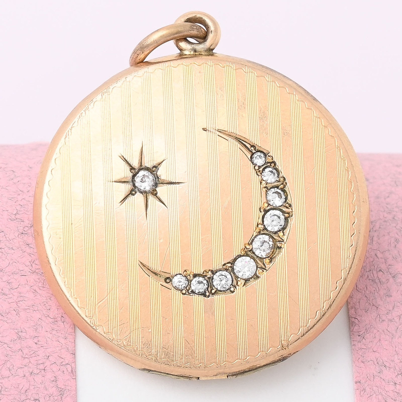 Antique Victorian Crescent Moon Star Gold Filled Paste Stripe Pendant Locket