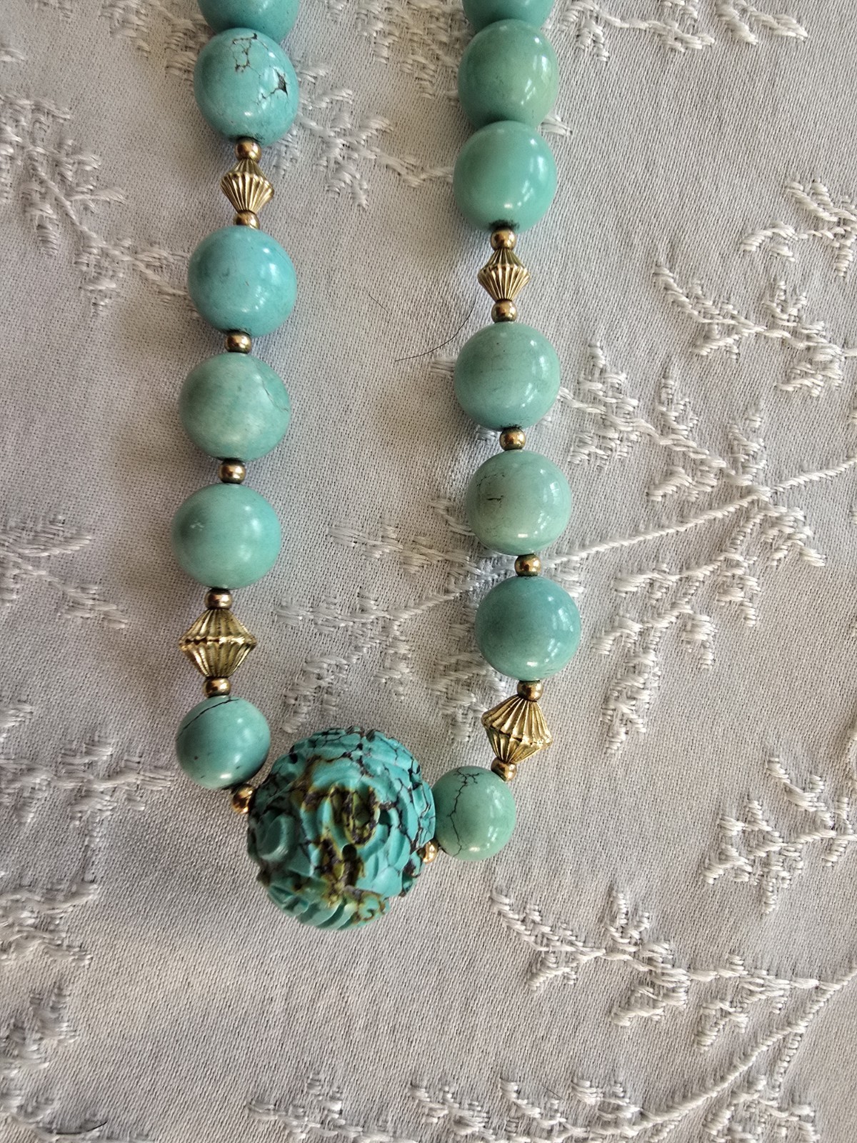 Chinese Turquoise Shou Carved Bead Earrings & Necklace 21” Gold Plated Clasp