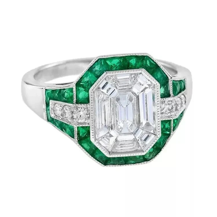 3Ct Art Deco Vintage Lab Created Diamond & Emerald 14K White Gold Plated Ring