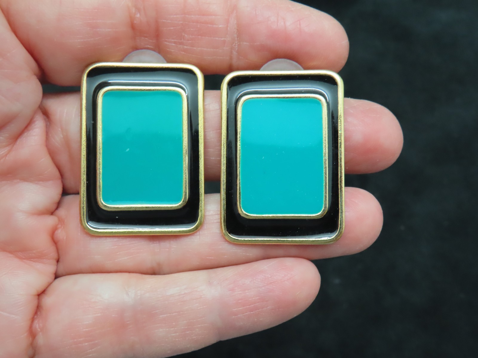 Vintage Gold Tone Black & Teal Elongated Pierced Earrings