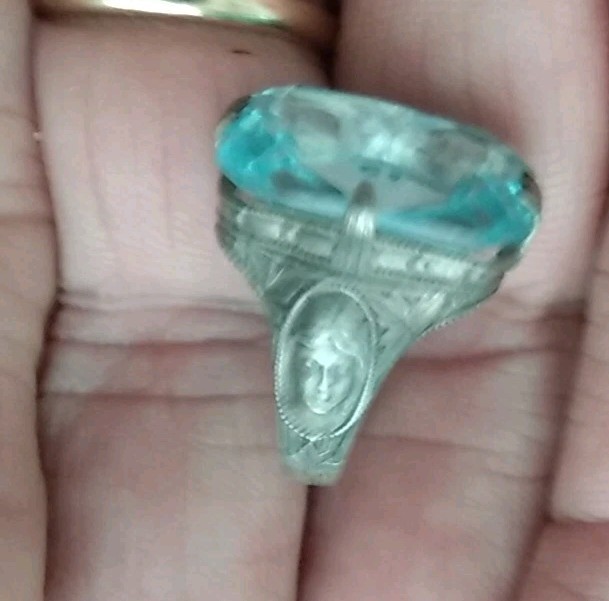Antique Art Deco Sterling Silver Ring Czech blue Glass Size 5 1/2