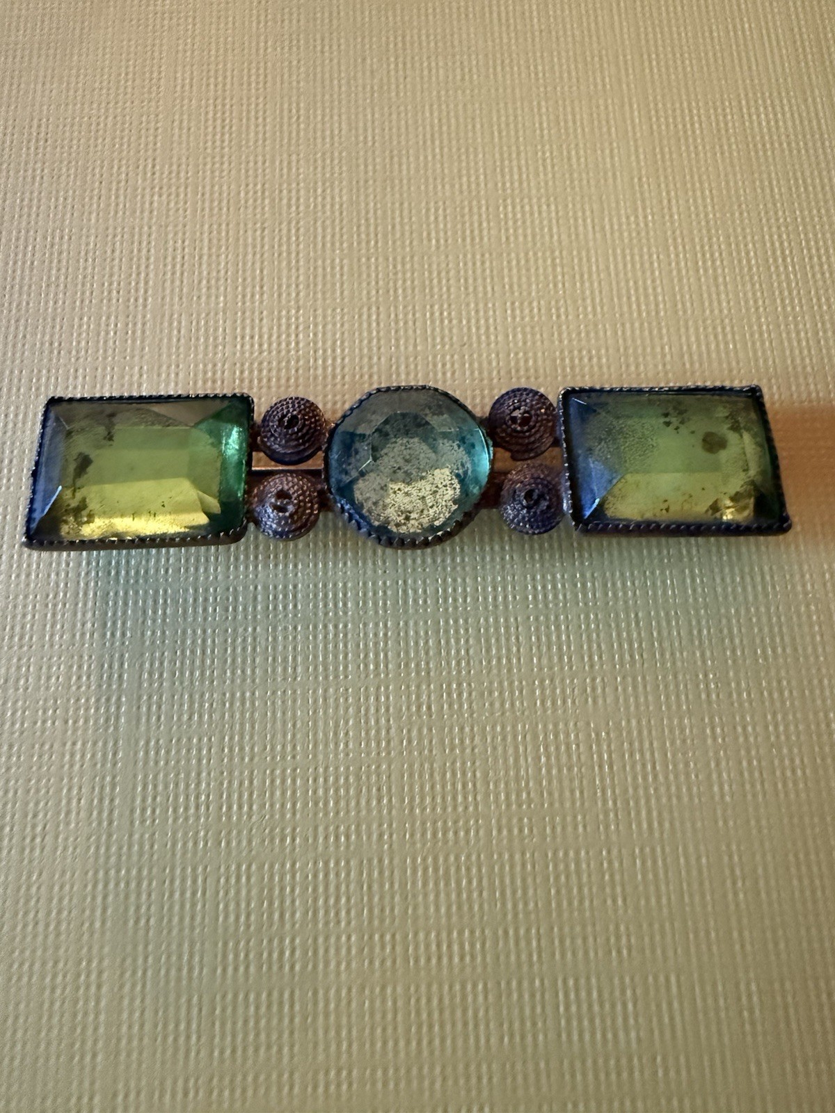 Antique 2” Art Deco Bar Brooch signed “CZECHSLOV” / 2 Green 1 Blue Glass Stones