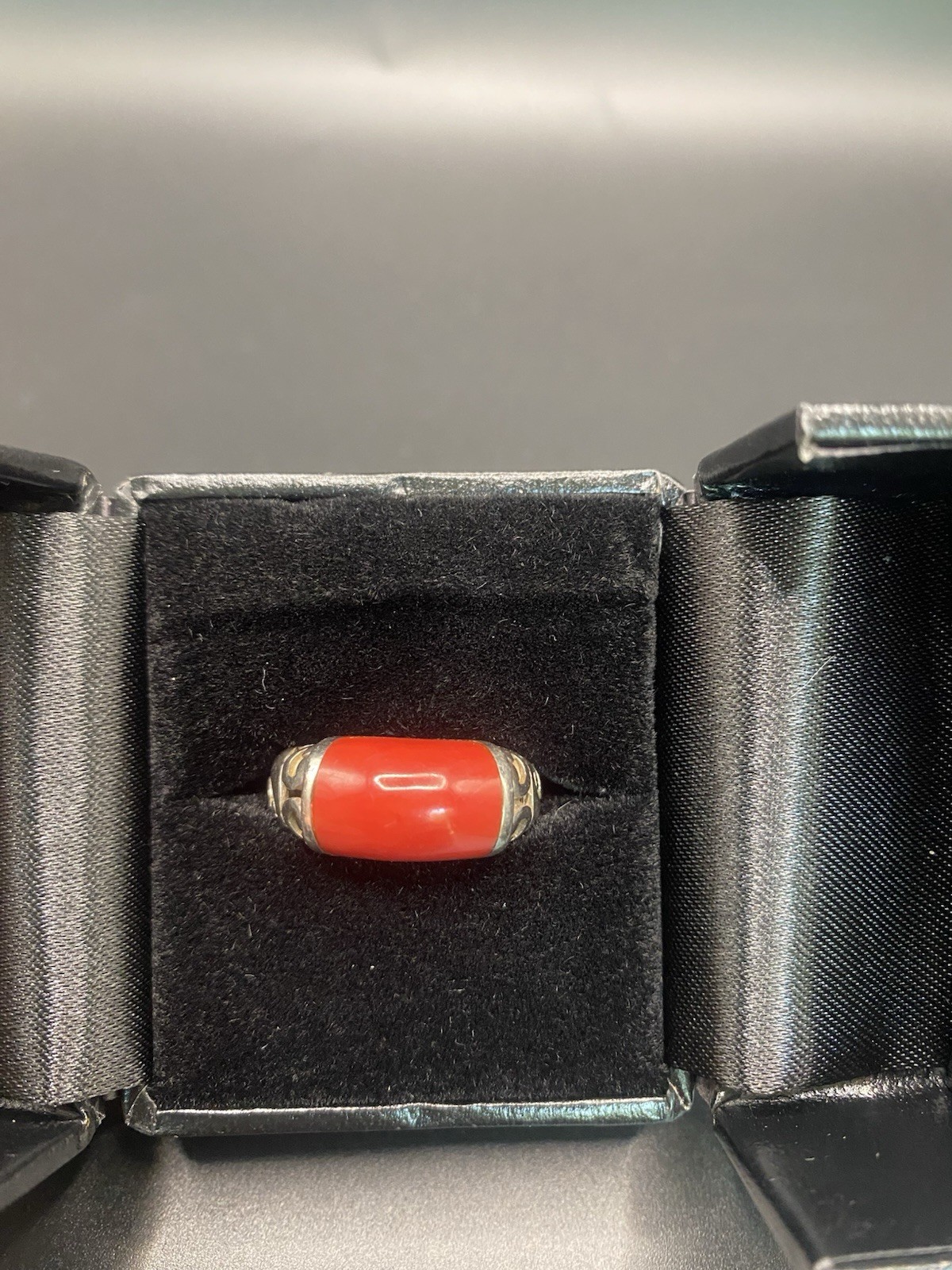 Sterling Silver Filigree Ring Red Coral Oval Cabochon Bezel Set Band 4mm .