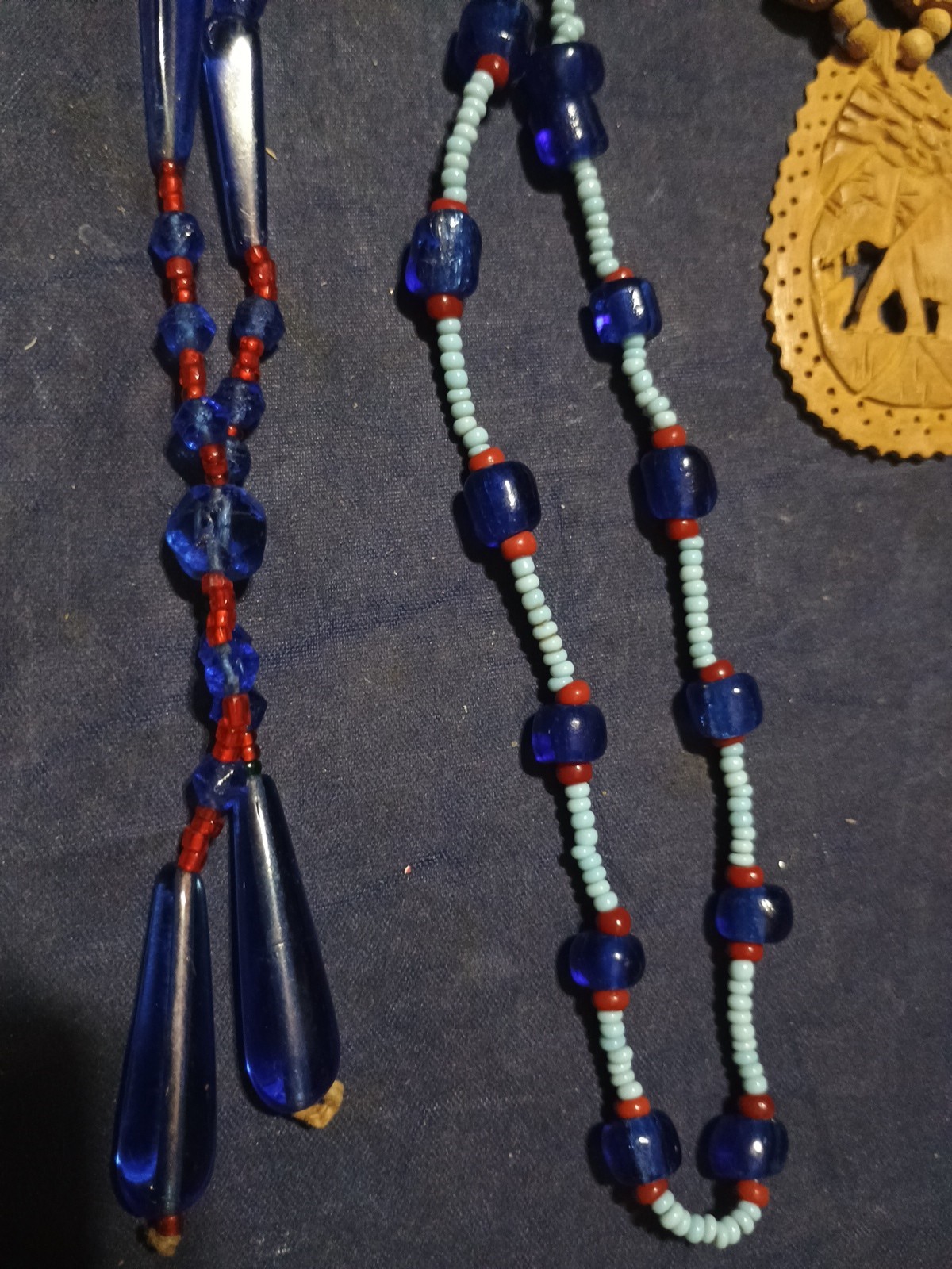 1 Vtg Carved Wooden African Elephant Necklace,Plus 3 Beaded Necklaces.