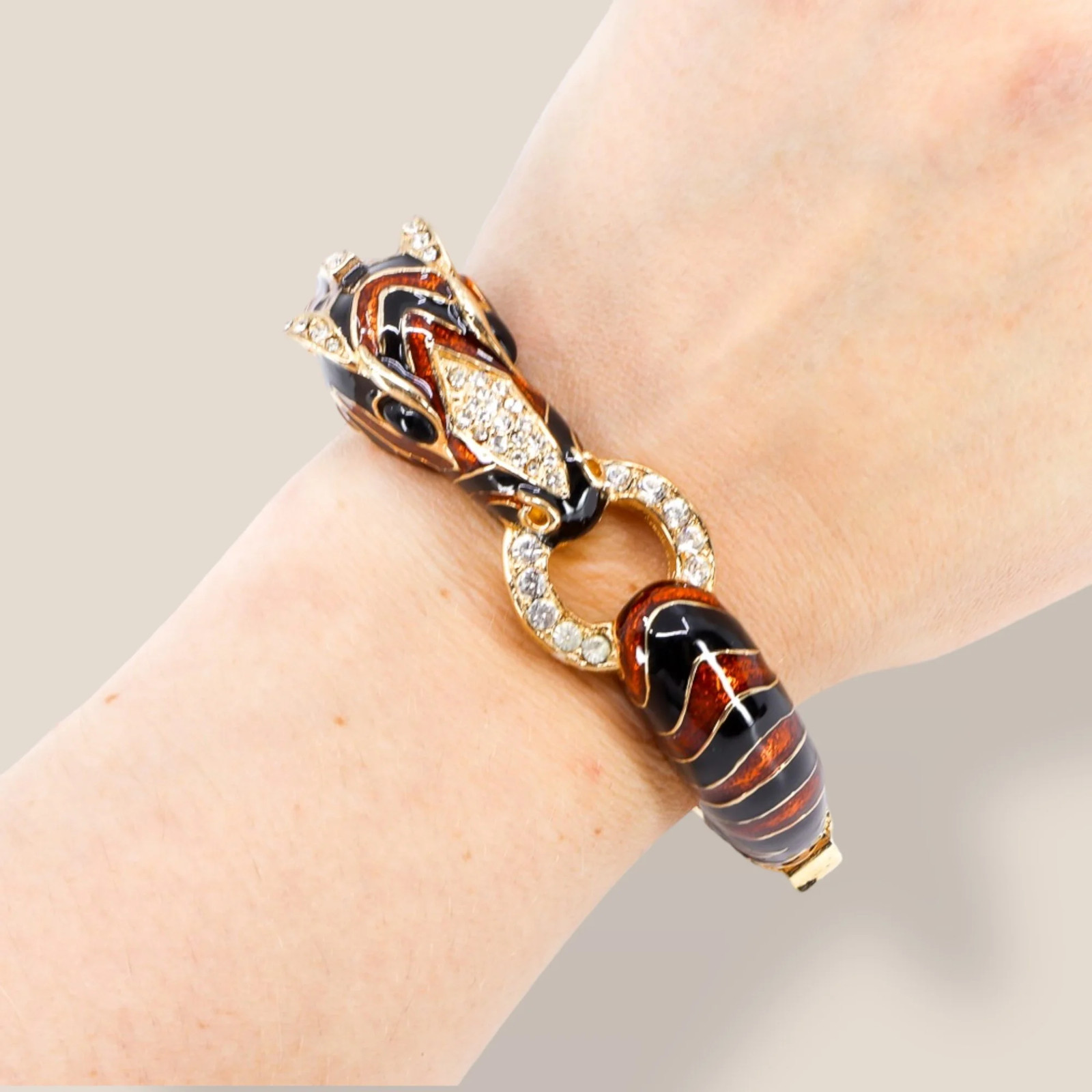 CINER, Signed Vintage, 18k Gold Plated, Enamel & Crystal Zebra Bracelet