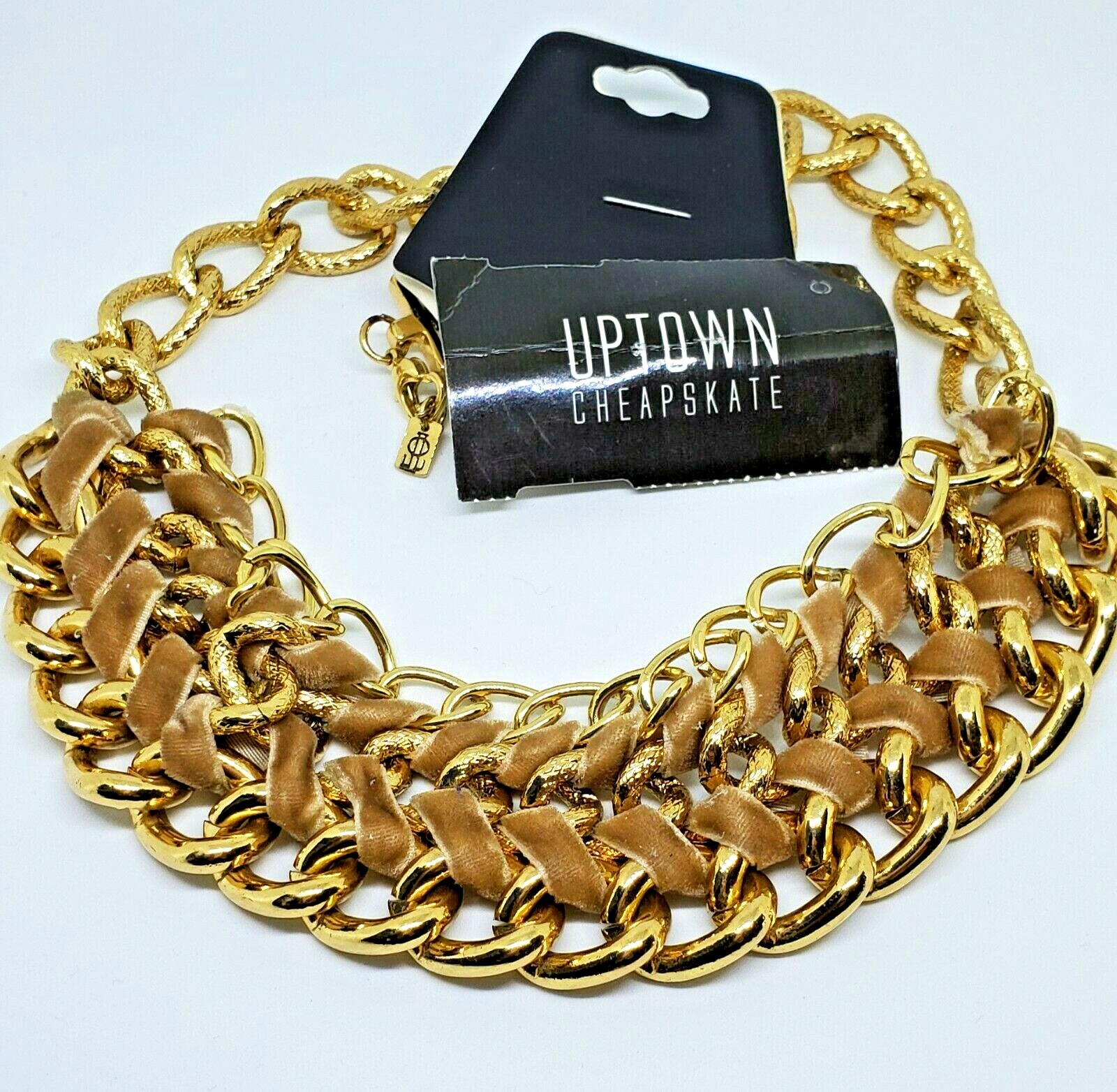 NWT Wide Gold Chain Collar Necklace with Velvet Ribbon Wrap by Uptown Cheapskate
