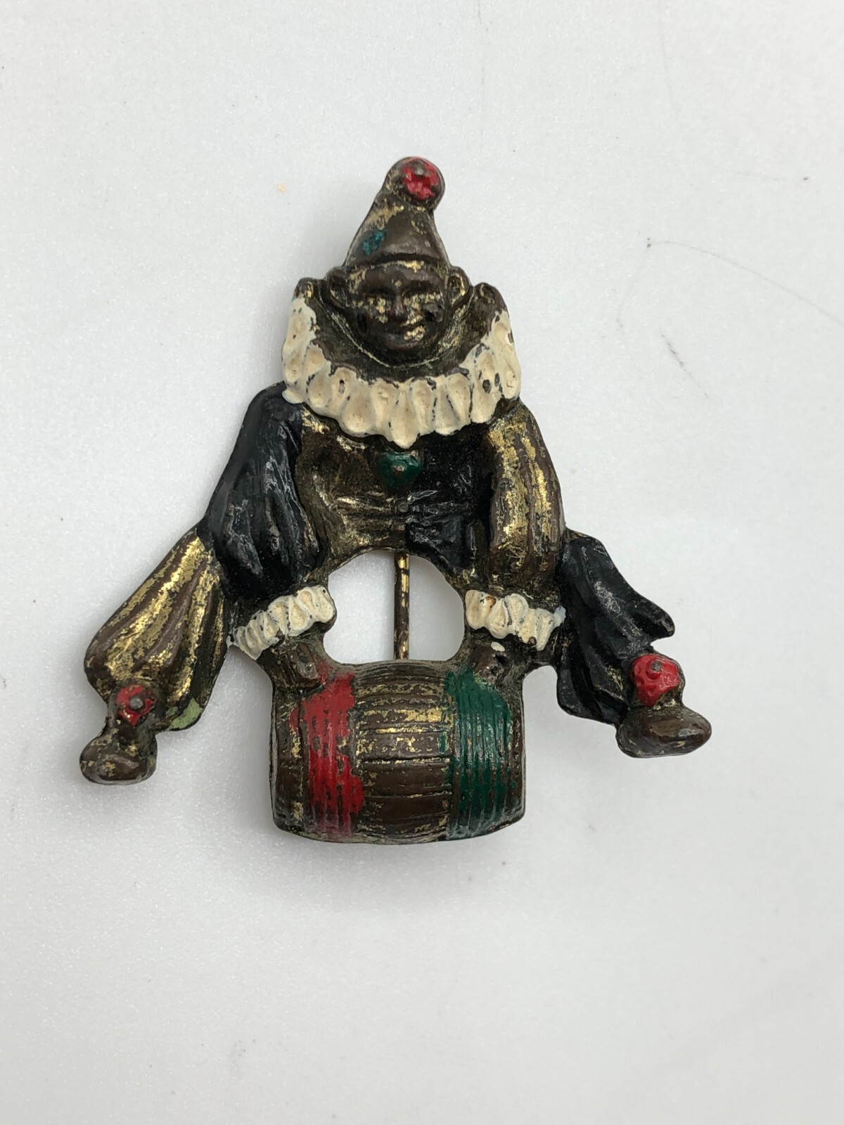 Antique Vintage Cast Iron Enamel Clown Pin Brooch C Clasp Early 20th Century