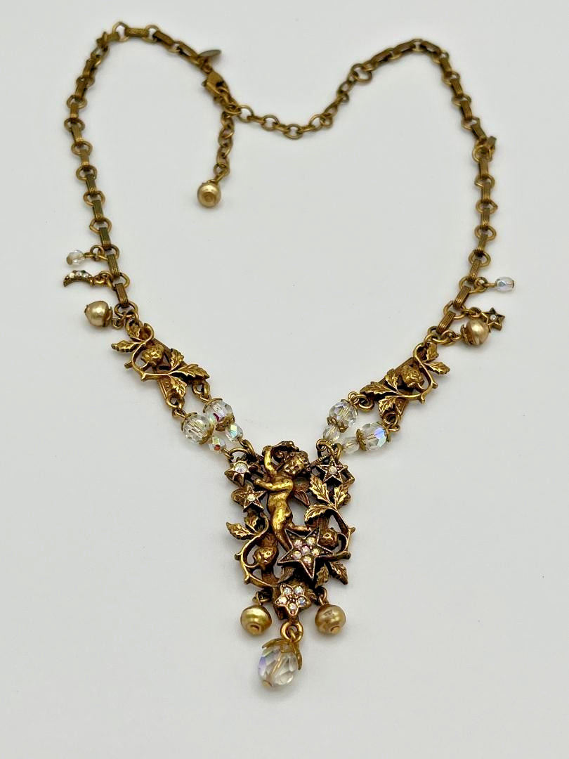 Vintage Kirks Folly Cherub Stars Crescent Moon Angel AB Crystals Necklace 16-20″