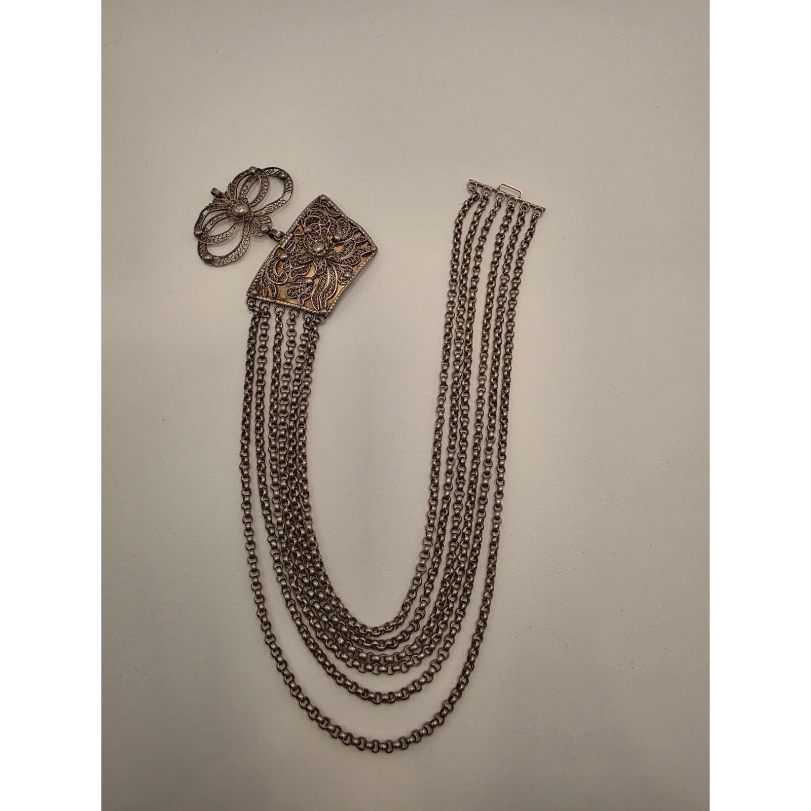 Vintage Silver Filigree Multi Strand Necklace 5 Chain Statement Piece 800 Silver