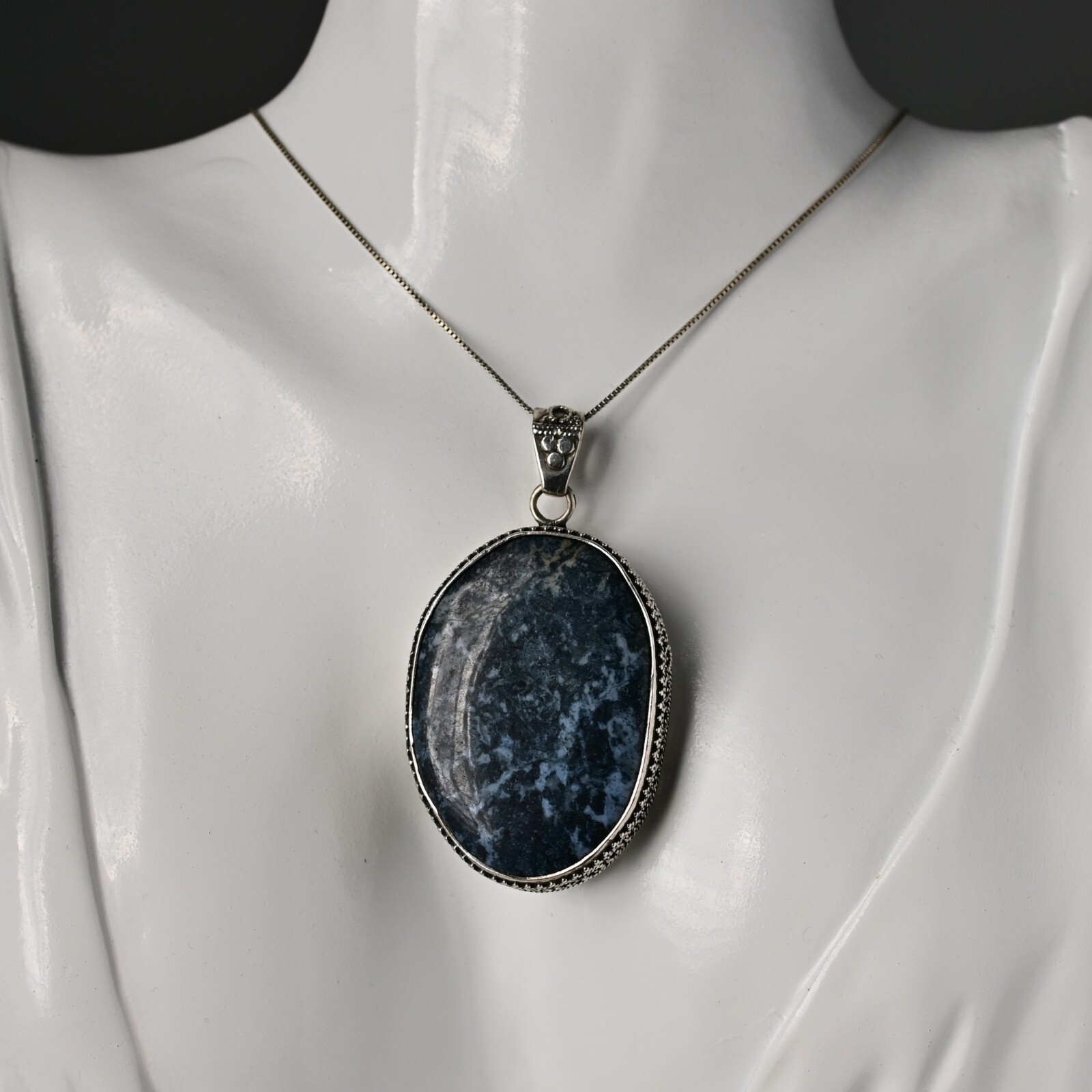 Vintage Original Sterling Silver Dumortierite Gemstone Pendant Estate Necklace