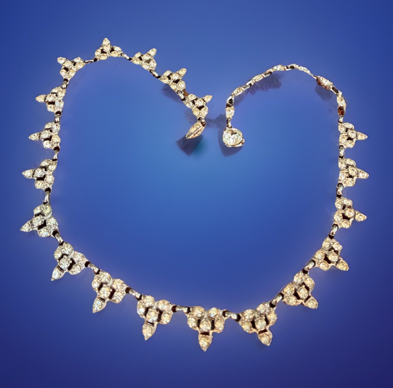 1940s Rhodium Plated necklace 16” Signed Albion Clear Rhinestone Deco “rare”
