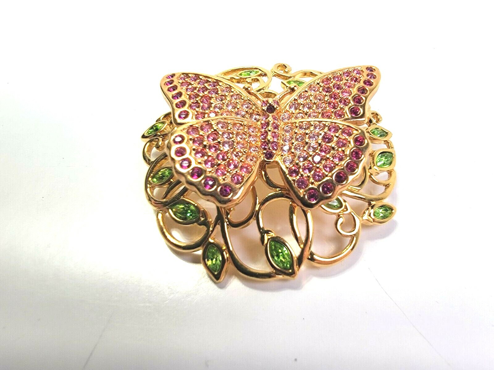 2002 Swarovski Swan Mark Signed Butterfly Brooch Pin Pink Green Rhinestones