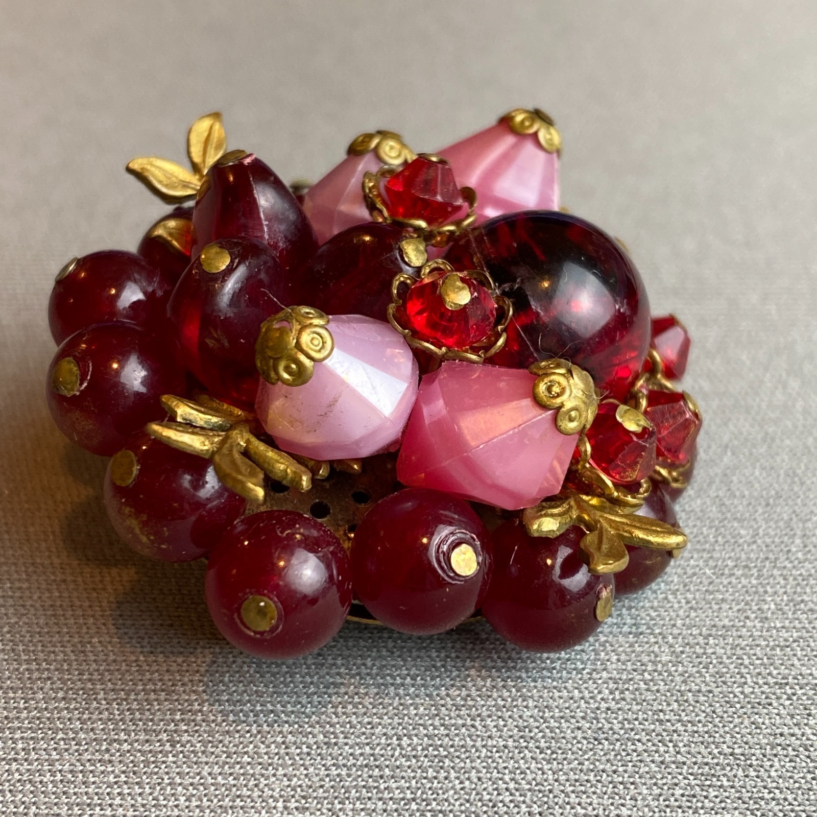 Vintage West Germany Wired Beaded Brooch Frosted Pink & Red Plastic & Gilt Brass