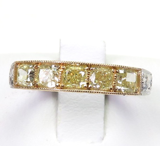 Antique Fancy Light Yellow Plat 18KY Cushion Diamond Wedding Band Size 6 EGL USA